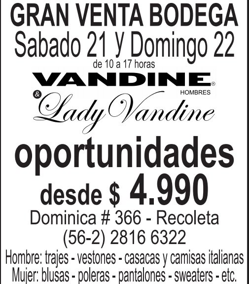 Gran Venta Especial de Bodega desde $4990 OUTLET Dominica N°366 RECOLETA MetroCerroBlanco 21-22 Nov @datosenchile_cl