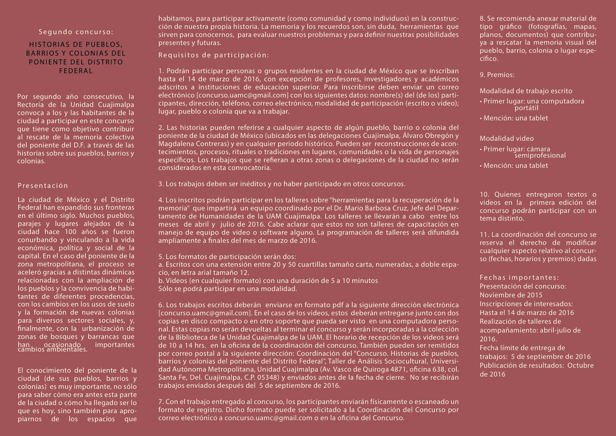 ConcursoHpbc's tweet photo. Convocatoria abierta para el Segundo Concurso Historias de pueblos, barrios y colonias del poniente del D.F. https://t.co/LtxaU3q1ec