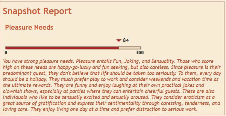 berthalong85's tweet photo. I scored 84 on pleasure needs, I enjoy having a good time with friends. Agree with most, but not all. #509motivation https://t.co/frZJyVQhnc