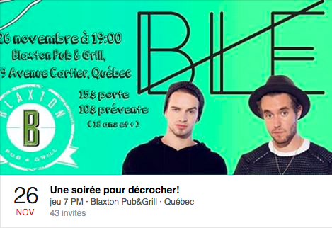 MarieJo_B's tweet photo. Gens de Québec! @BleOfficiel vous propose une soirée pour décrocher ce jeudi 26 novembre! GO! https://t.co/wFFIUXKSN8
