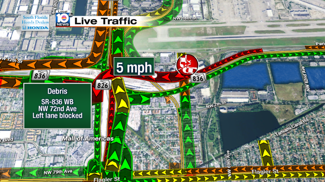 Crash on SR-836 WB at NW 72nd Ave. Left lane blocked. 5mph speeds #traffic #miami https://t.co/rZeNpG8e7s