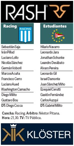 #Tuitequipo A las 21.30, en Avellaneda, #Racing v #EDLP Dirige Pitana <a href="/TV_Publica/">TVP</a> <a href="/RashJeans/">Rash</a> <a href="/klosterjeans/">Kloster Jeans</a>