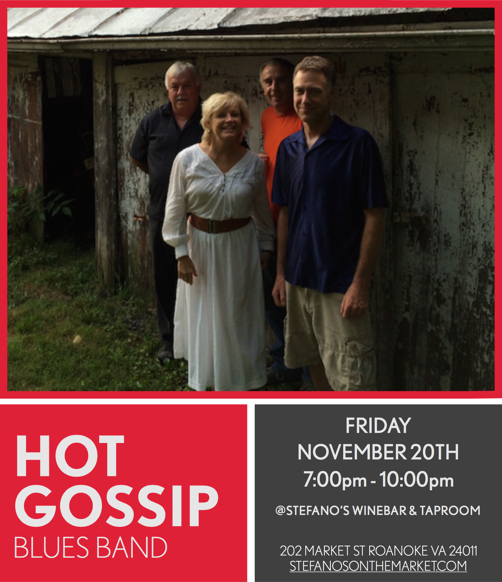 Hot Gossip is playing the <a href="/Stefanos/">Stefanos Tsitsipas</a> Winebar &amp; Taproom tonight from 7-10...it's gonna be HOT! #Roanoke