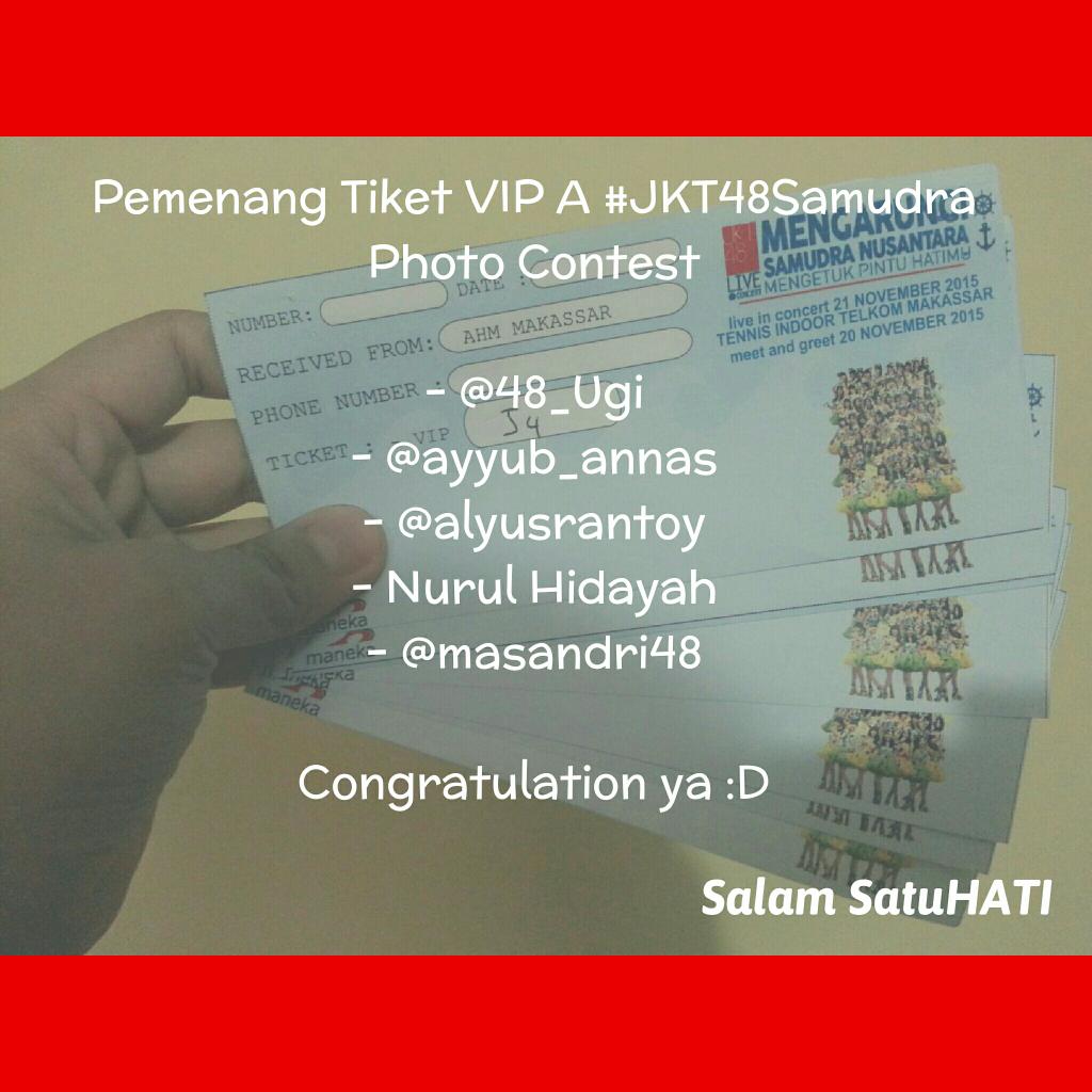Selamat ya, buat para pemenang Tiket VIP A #JKT48Samudra :D Silakan kirim data diri kamu ke bit.ly/JagoanMks