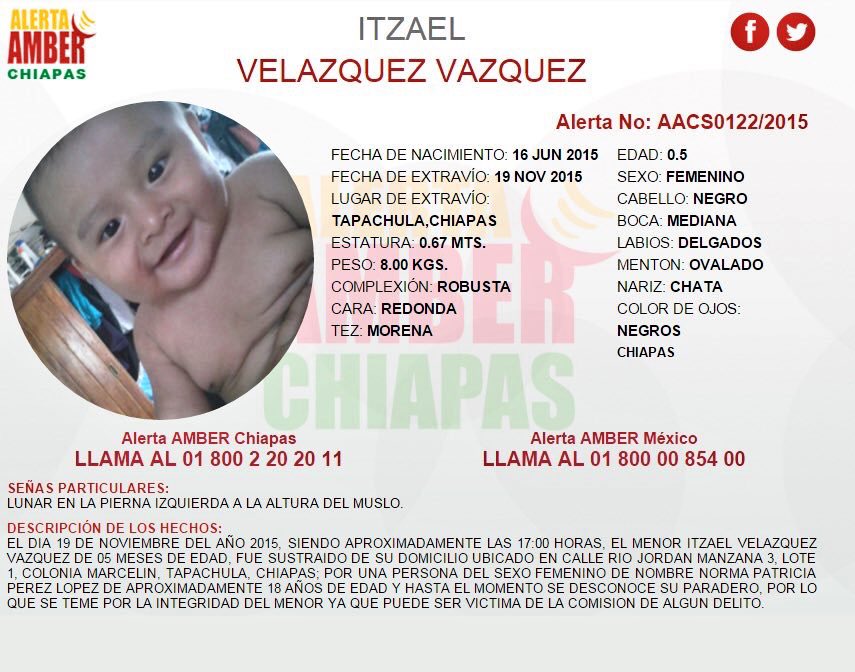 VialidadTuxtla's tweet photo. ALERTA AMBER #Chiapas para localizar a Itzael Velázquez Vázquez, 5 meses de edad. https://t.co/dLfJw2qJhQ