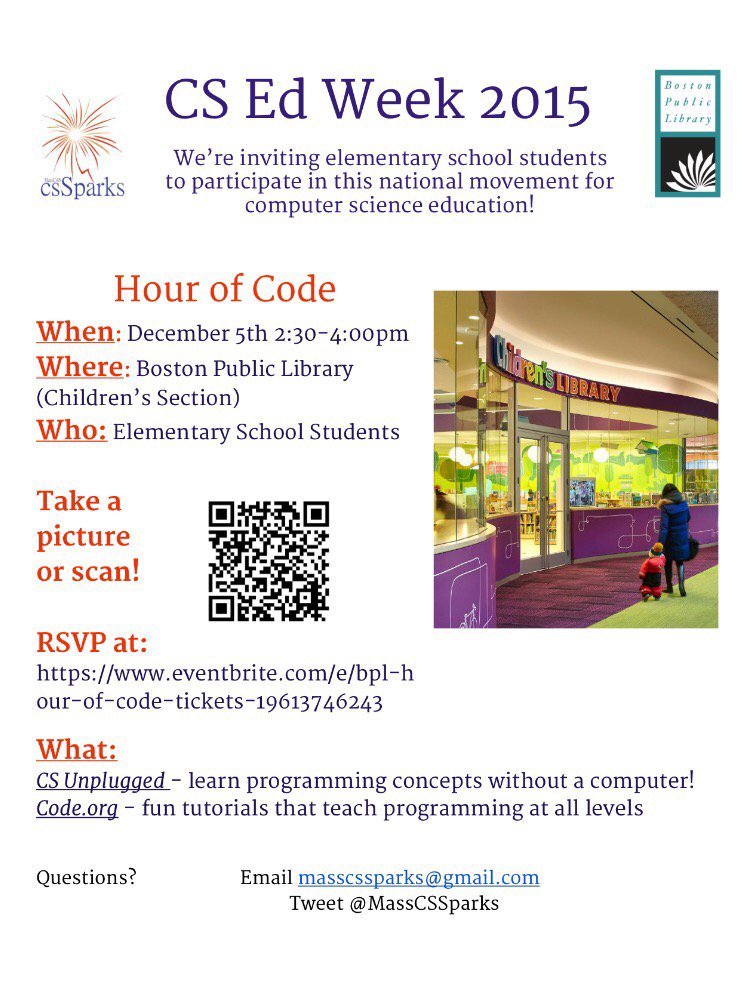 MassCSSparks's tweet image. Elementary age students- join CS Sparks at the Boston Public Library for a fun #HourOfCode on Dec 5th! #CSEdWeek2015