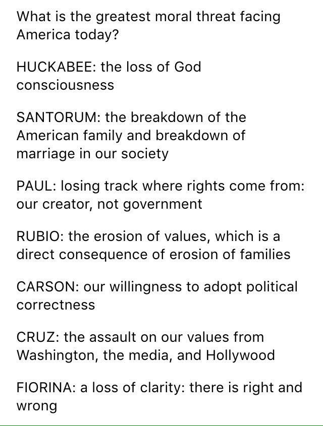 HallieJackson's tweet photo. Candidates at #PFF2015 are asked the greatest moral threat facing America today. Their responses (paraphrased): https://t.co/Th2dH0Czls