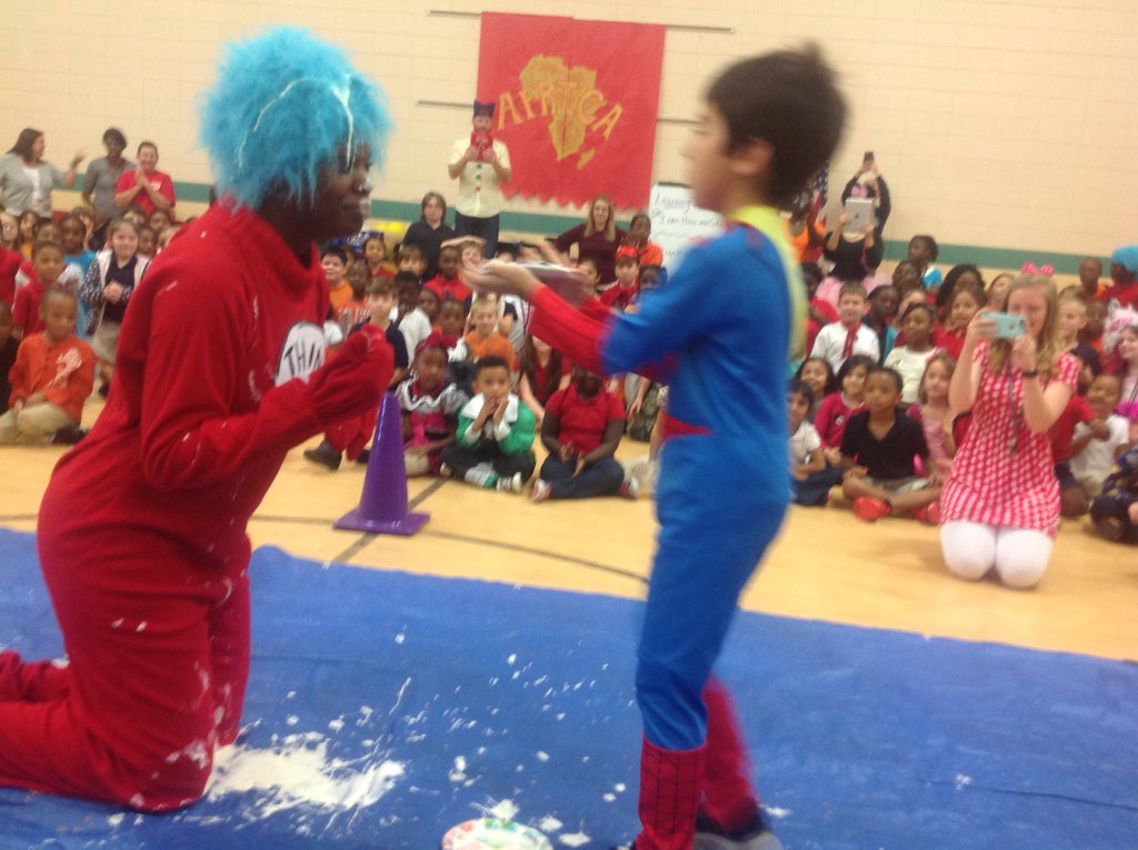 Jme_zorn's tweet photo. Pie in the face time! JME students are AWESOME! #greatjob #bookweekcelebration https://t.co/90PQAPOxva
