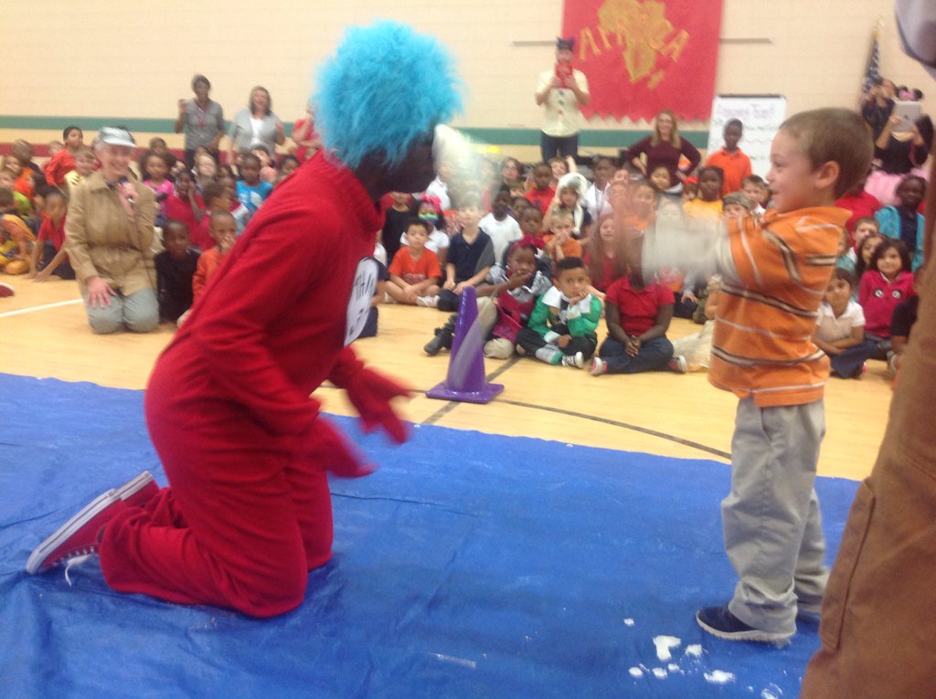 Jme_zorn's tweet photo. Pie in the face time! JME students are AWESOME! #greatjob #bookweekcelebration https://t.co/90PQAPOxva
