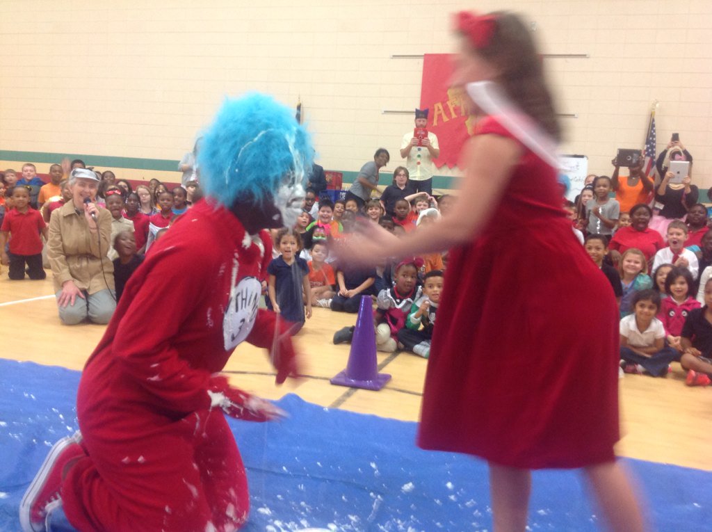 Jme_zorn's tweet photo. Pie in the face time! JME students are AWESOME! #greatjob #bookweekcelebration https://t.co/90PQAPOxva