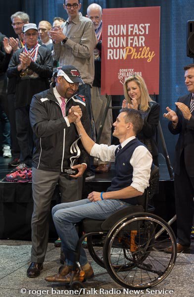 TalkRadioNews's tweet photo. 2015 @PhillyMarathon  weekend kicks off as Mayor @Michael_Nutter presents #HighFiveAward to #GlennHartrick @DPBell https://t.co/tI6TNMqyXB