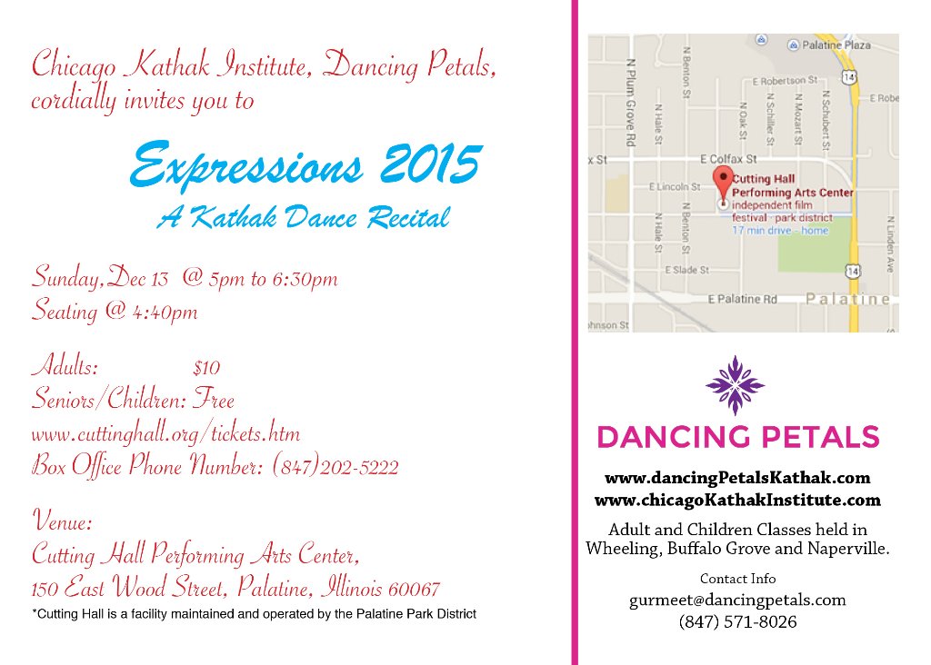 DancingPetalsK's tweet photo. You are invited #DancingPetals presents "Expressions 2015" - #Kathak Dance Recital". Sun, Dec 13; 5 pm @CuttingHall https://t.co/Co39POI8NV