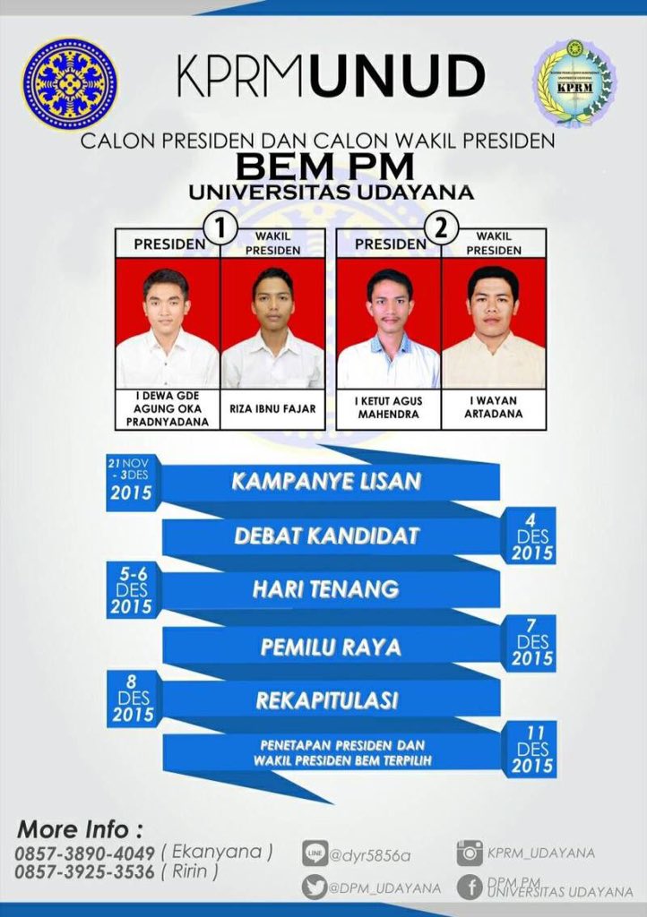 DPM_UDAYANA's tweet photo. Selamat Pagi Mahasiswa Udayana
Mereka merupakan calon Presiden dan calon Wakil Presiden BEM 2016/2017. #pemira2015 https://t.co/4Oepis7JD7