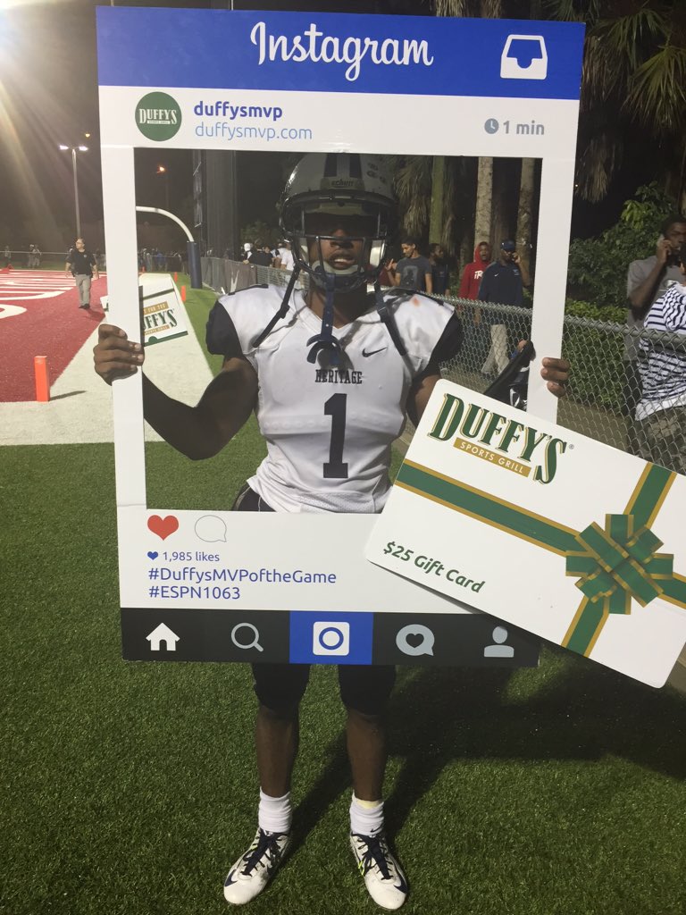 ESPNWestPalm's tweet photo. Thriller in West Palm is over! Congrats to @stallionsfb D.J. Davis on winning the @DuffysMVP Player of the Game https://t.co/CJADT28qLE