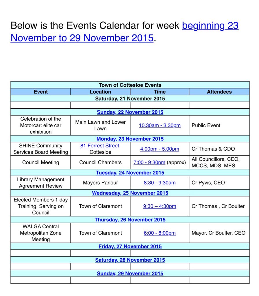 soscottesloe's tweet photo. Events calendar #TownofCottesloe #Cottesloe #Motorcar #exhibition #SHINE #WALGA #meeting https://t.co/YNNFUhtlmw