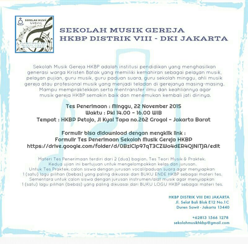 HKBPMusicSchool's tweet photo. Syalom, mohon dukungan doa untuk kegiatan Tes Penerimaan Siswa Sekolah Musik Gereja HKBP, Minggu 22 Nov 2015 https://t.co/X4h2v1qyCG