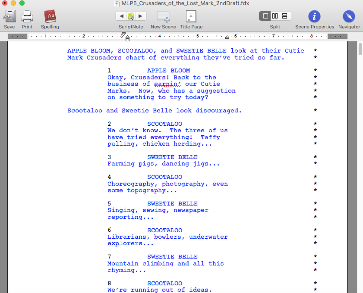 KeatingRogers's tweet image. Some cut CMC dialogue which may help explain the various things they tried before getting their Cutie Marks. #MLP5