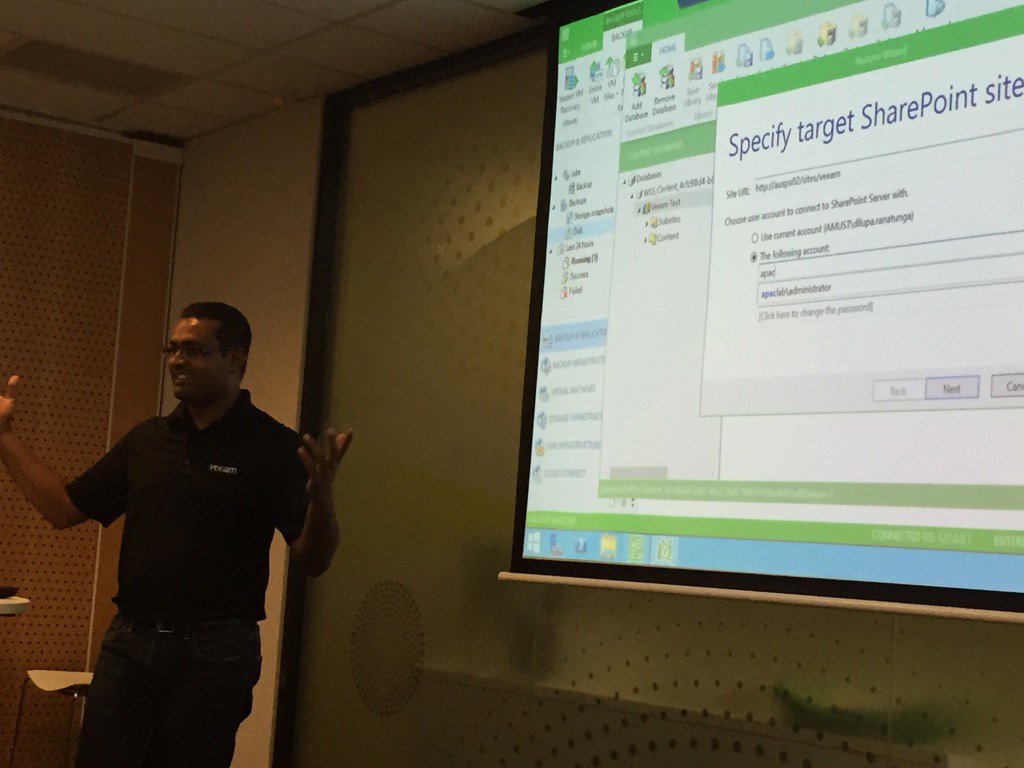 adamjustdigital's tweet photo. #infrasat Veeam's Dilupa Ranatunga getting great room engagement around Sharepoint capabilities in Veeam https://t.co/MUJHZV7ns0