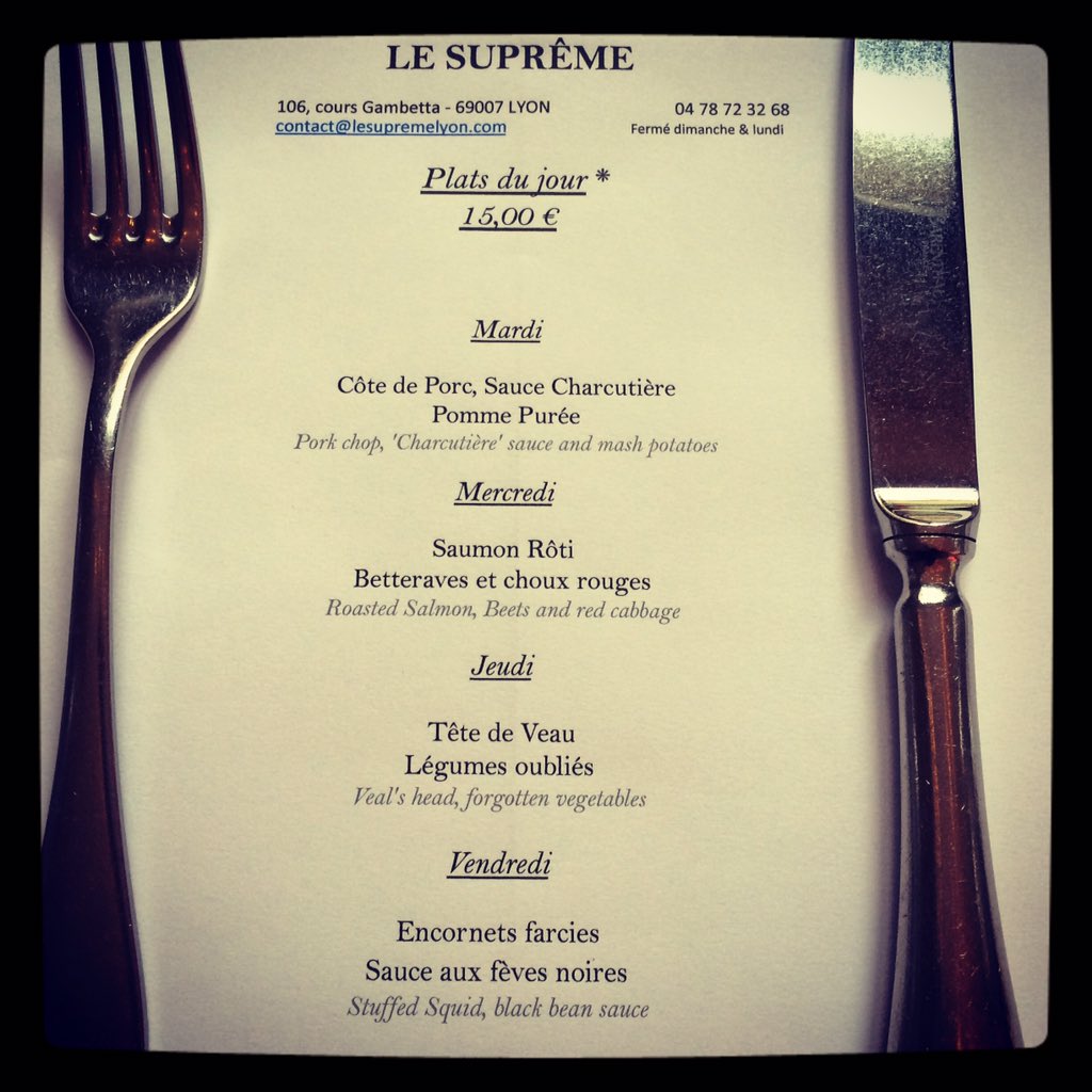SupremeLyon's tweet photo. Plats du jour de la semaine prochaine !!!!
#lesupremelyon #garibaldi #gambetta #106 #lyon #bistrot https://t.co/mCAgrLzgkp