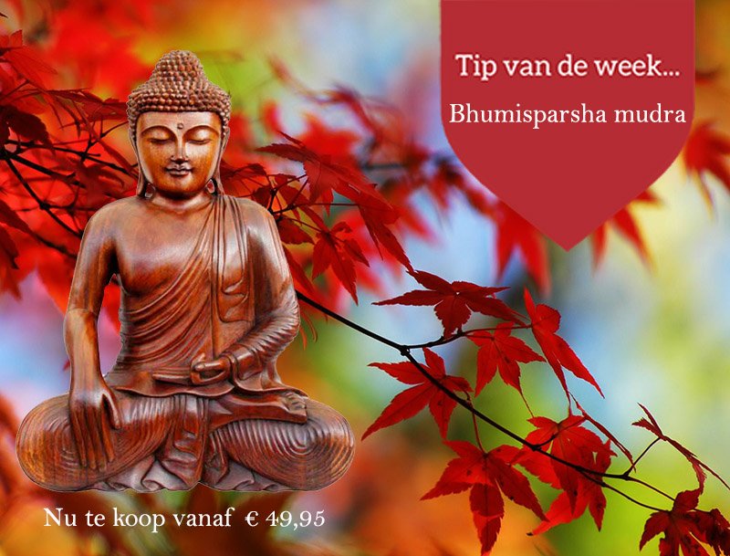 Onderstaande Boeddha is afgebeeld met de Bhumisparsha Mudra genaamd. Het gebaar van de verlichting.