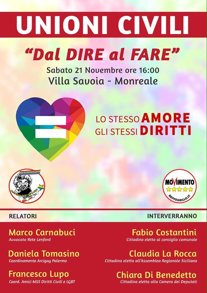 Oggi in provincia di #Palermo a #Monreale 17.30 con i portavoce #M5S per le #UnioniCivili goo.gl/FaprAC