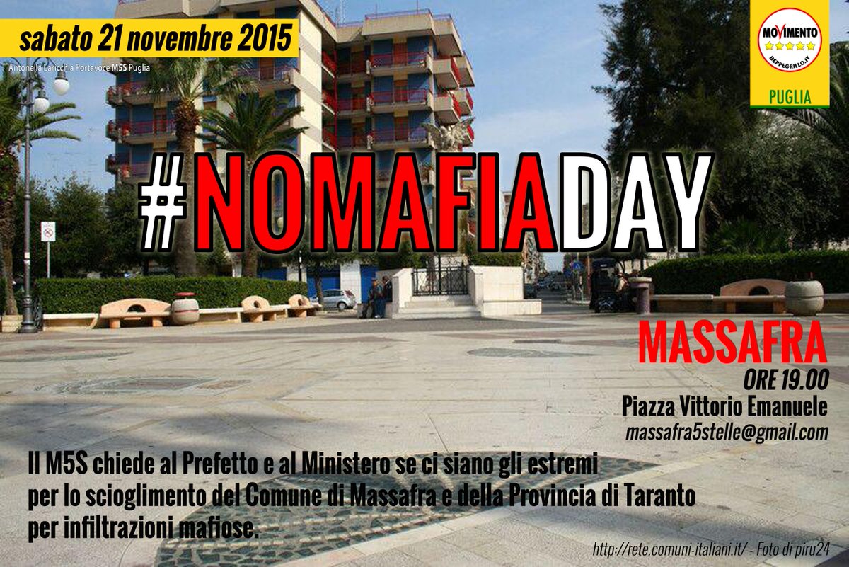 AntoLari1986's tweet photo. Oggi alle 19.00 tutti a #Massafra per il #NoMafiaDay con i Portavoce pugliesi del #M5S... https://t.co/AqTK9ejnoo https://t.co/l0jrHTZ9OA