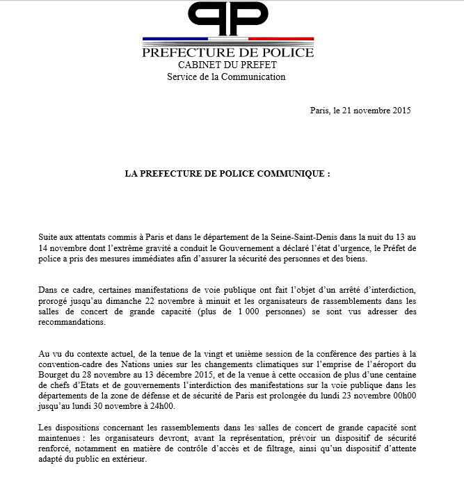 prefpolice's tweet photo. Communiqué : interdiction des manifestations de voie publique en IDF jusqu'au 30/11 inclus https://t.co/qNok7xs0CK https://t.co/kswnlPpLhZ