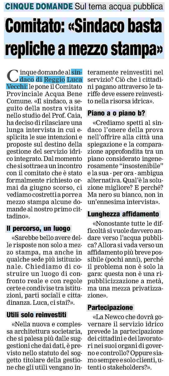 #primapagina #reggioemilia riporta comunicato sull'#acqua #benecomune del comitato #reggiano. serve #chiarezza