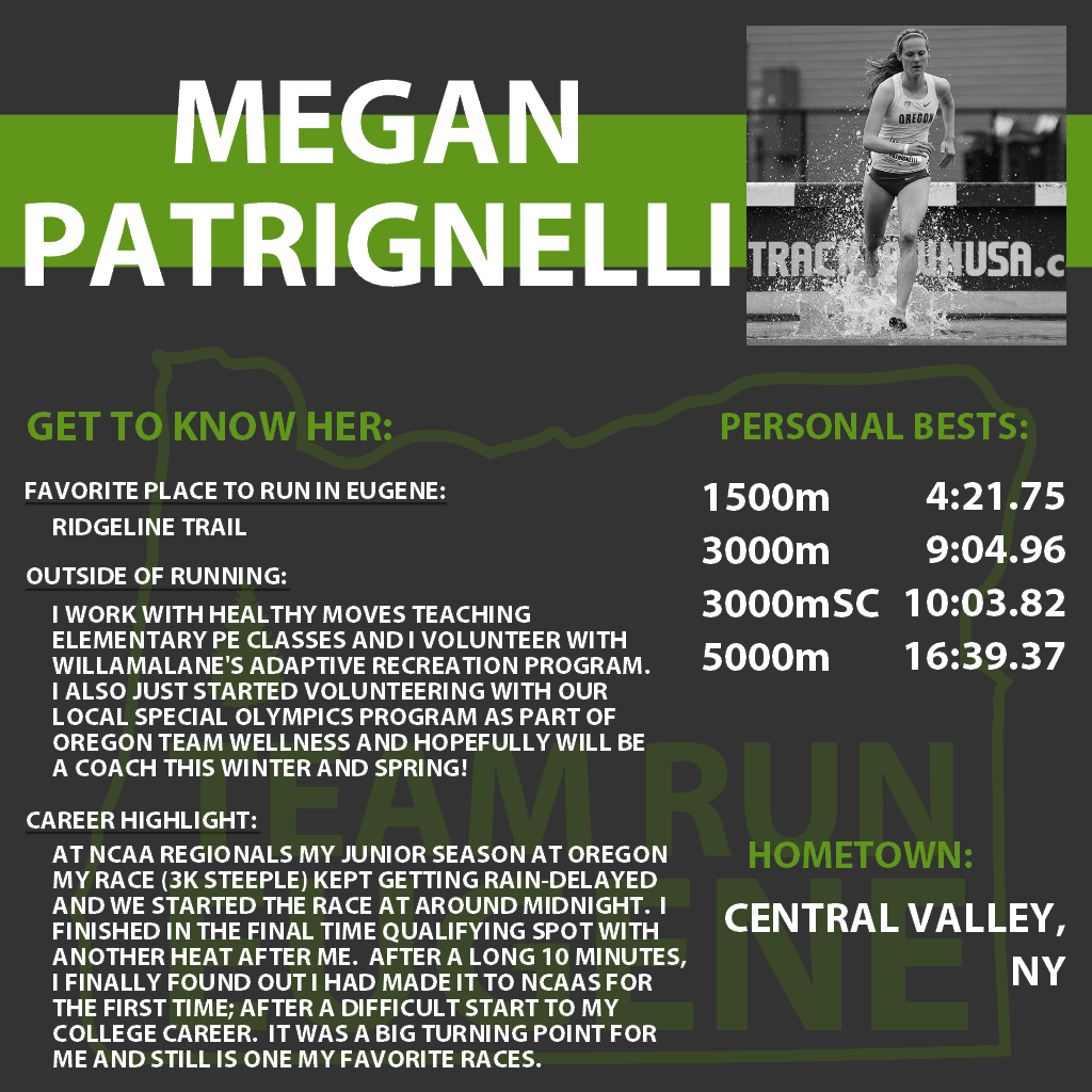 teamruneugene's tweet photo. Day 21:
Say hello to Megan Patrignelli!
#GetToKnowTRE
#teamruneugene
#tracktownusa https://t.co/hQpJhpIzix