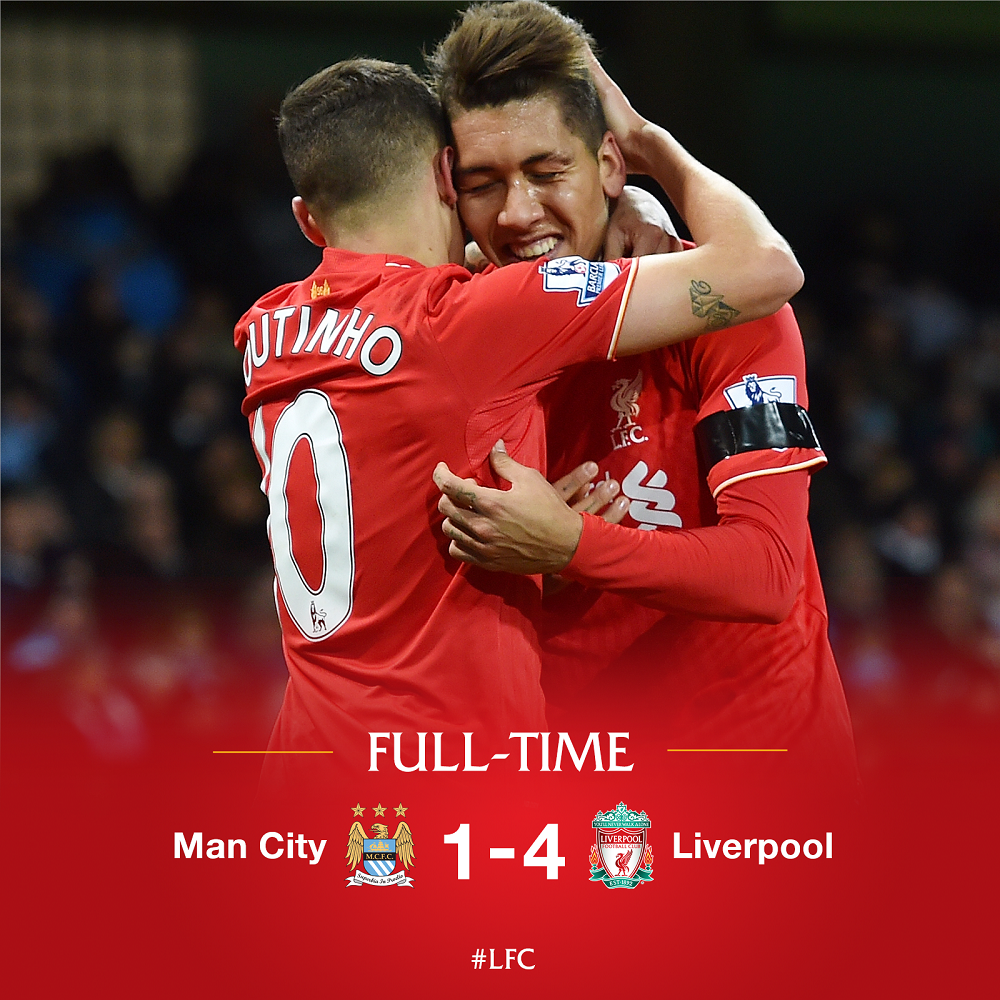 FULL-TIME: #MCFC 1-4 #LFC. Coutinho, Firmino and Skrtel add to Mangala's own goal to secure a huge win for the Reds.
