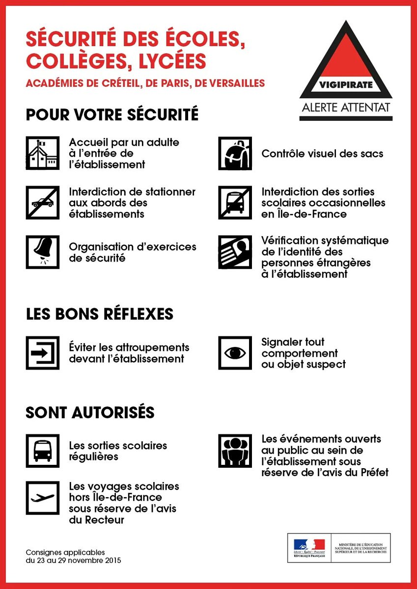 Academie_Paris's tweet photo. #RT Écoles, établissements #Paris 
NOUVELLES CONSIGNES DE SÉCURITÉ
à compter du 23/11/2015 :
https://t.co/gDK2z1bfkQ https://t.co/wwOdMubH4d