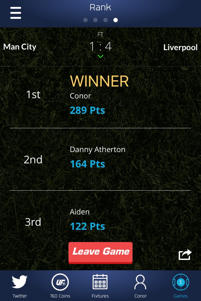 ConorFitchAdams's tweet photo. Came first in all 3 games today. Best game was this one for the score and it was a Liverpool win @UltimateFanLive https://t.co/9ffjVqRTRH