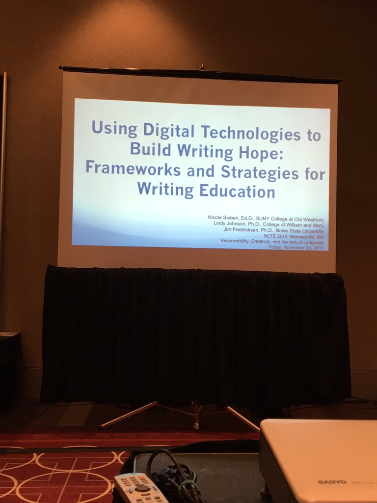 Teach4JusticeNS's tweet photo. B.35 Using Digital Technologies to Build Writing Hope w @linlouj @jimfredricksen @WritingHopeWork   #NCTE15 #hope https://t.co/EAtitSeyOY