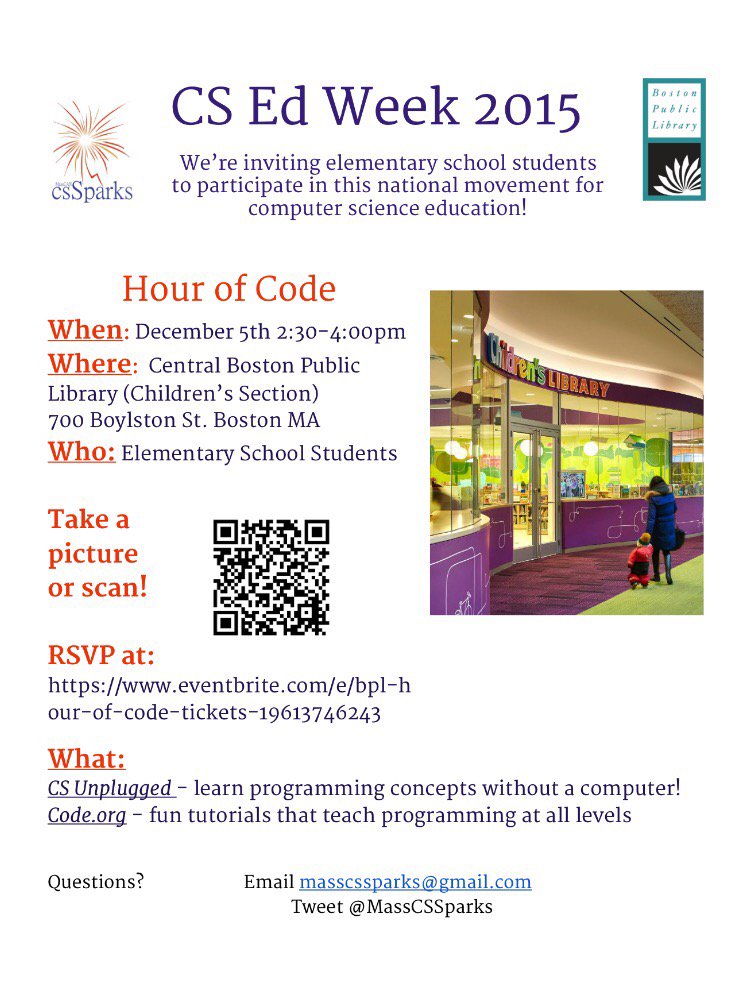 MassCSSparks's tweet image. Elementary aged students- join the CS Sparks at the Central Boston Public Library for a #HourOfCode ! #CSEdWeek2015