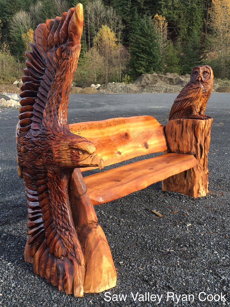 I loved carving this memorial bench last week.. #eagle #owl #memorialbench