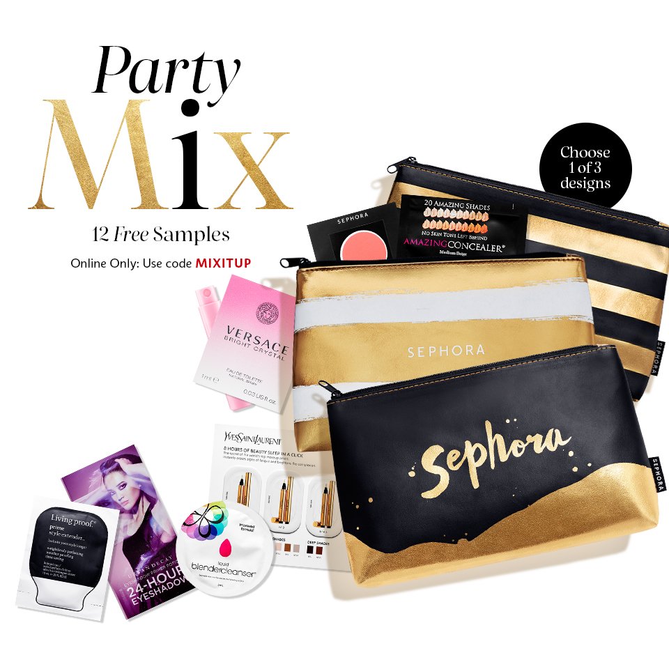 Sephora's tweet photo. #BeautyInsiders! Choose 1 of 3 Party Mix bags with 12 samples when you spend $25+ online: https://t.co/eFgtggPOcz https://t.co/1dX9cUvz7j
