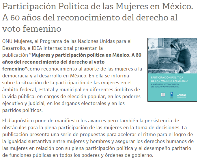 ONUMujeresMX's tweet photo. Conoce nuestra publicación sobre participación Política de las Mujeres en México. https://t.co/hGWdU34PQR https://t.co/wB5cMdKjvk
