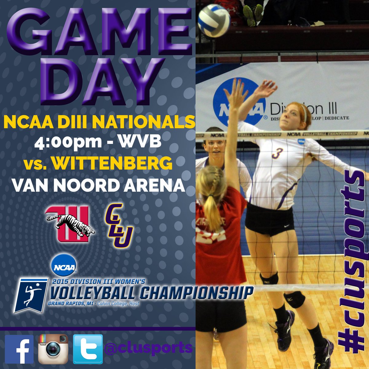 Cal Lutheran Athletics (@clusports) on Twitter photo GAME DAY for <a href="/CLUwVolleyball/">Regals Volleyball</a>! Everything is on the line as CLU faces <a href="/WittAthletics/">Wittenberg Athletics</a> in the NATIONAL CHAMPIONSHIP! GAME DAY for <a href="/CLUwVolleyball/">Regals Volleyball</a>! Everything is on the line as CLU faces <a href="/WittAthletics/">Wittenberg Athletics</a> in the NATIONAL CHAMPIONSHIP!