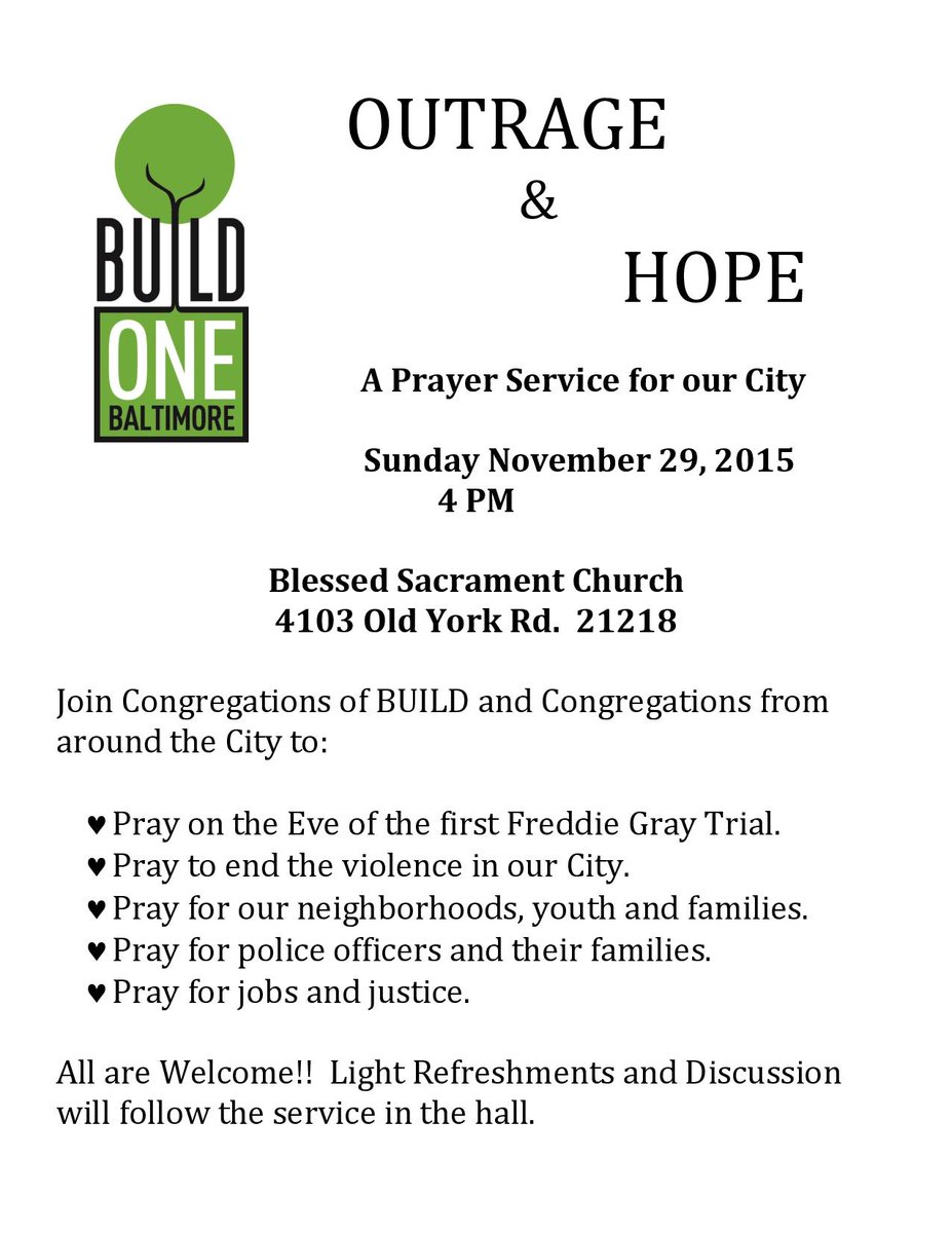 BUILDBaltimore's tweet photo. Join us in Outrage &amp; w/ Hope on eve of 1st #FreddieGray trial. #BUILD1Bmore https://t.co/Ncym2pfg5s