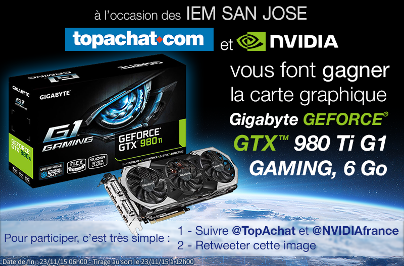 TopAchat's tweet photo. #Concours IEM San Jose !
Une 980 Ti à Win avec @NVIDIAfrance <3

RT, Follow and watch ==> https://t.co/iDfbY7XBgw https://t.co/qLEeXdaZW4