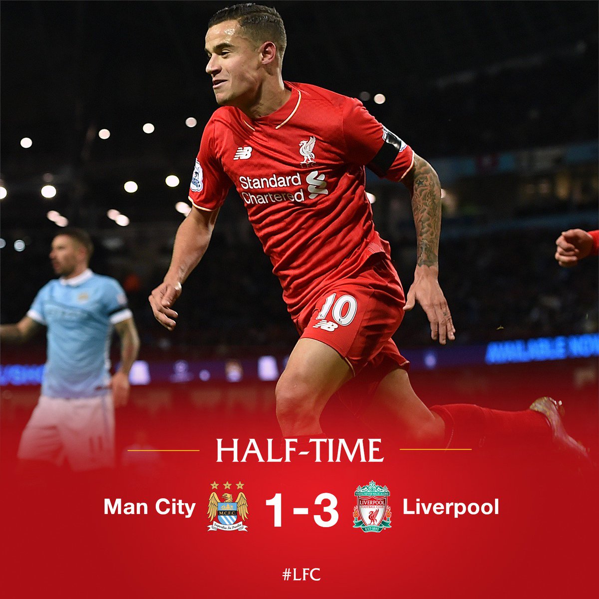 LFC's tweet photo. HALF-TIME #LFC lead #MCFC 3-1 at the break thanks to an own goal from Mangala and strikes from Coutinho and Firmino https://t.co/zj71eAcljn