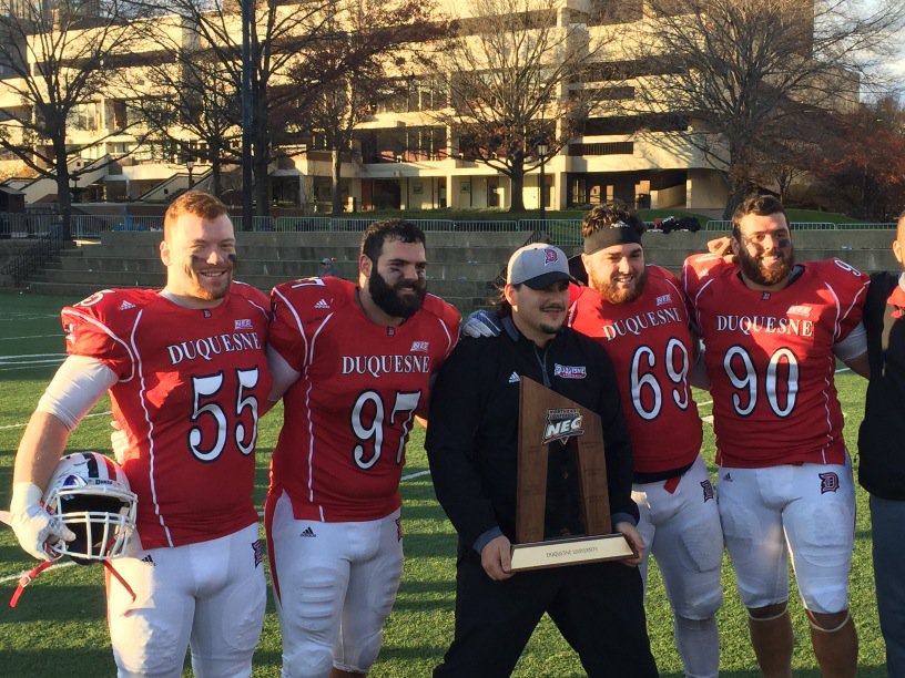 PaulVIFootball's tweet photo. Former PVI Dlineman,Rob Marra, with his teammates, NEC Champs https://t.co/jm6GoAUgtq