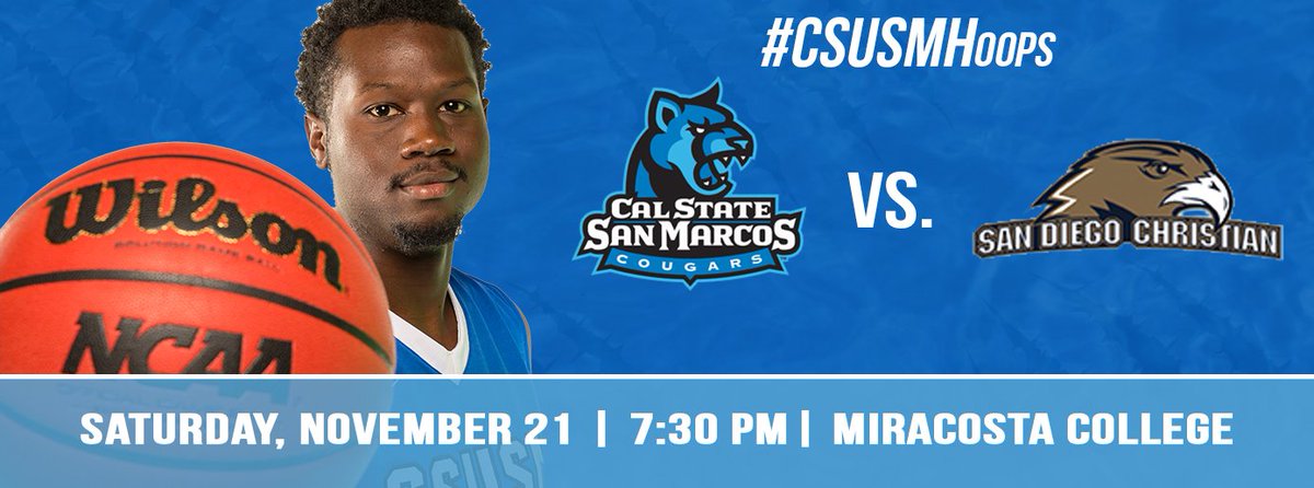 CSUSMcougars's tweet image. TONIGHT! @CSUSM_MBB hosts its home opener vs. @SDCCHawks at 7:30 PM! See you there! #CSUSMHoops #CCAAmb