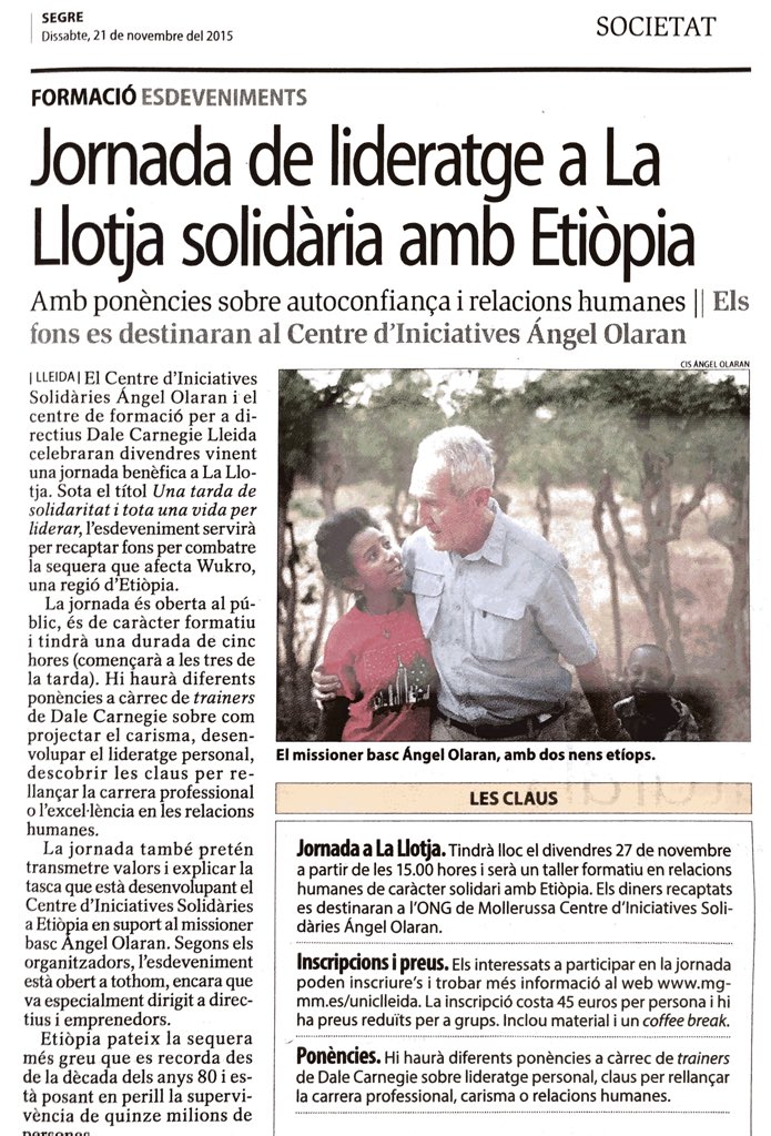 CISAngelOlaran's tweet photo. El diari @SEGREcom es fa ressò del #27N a La Llotja per lluitar contra la sequera a Etiòpia #ÚnicLleida https://t.co/90ahjjvfw3
