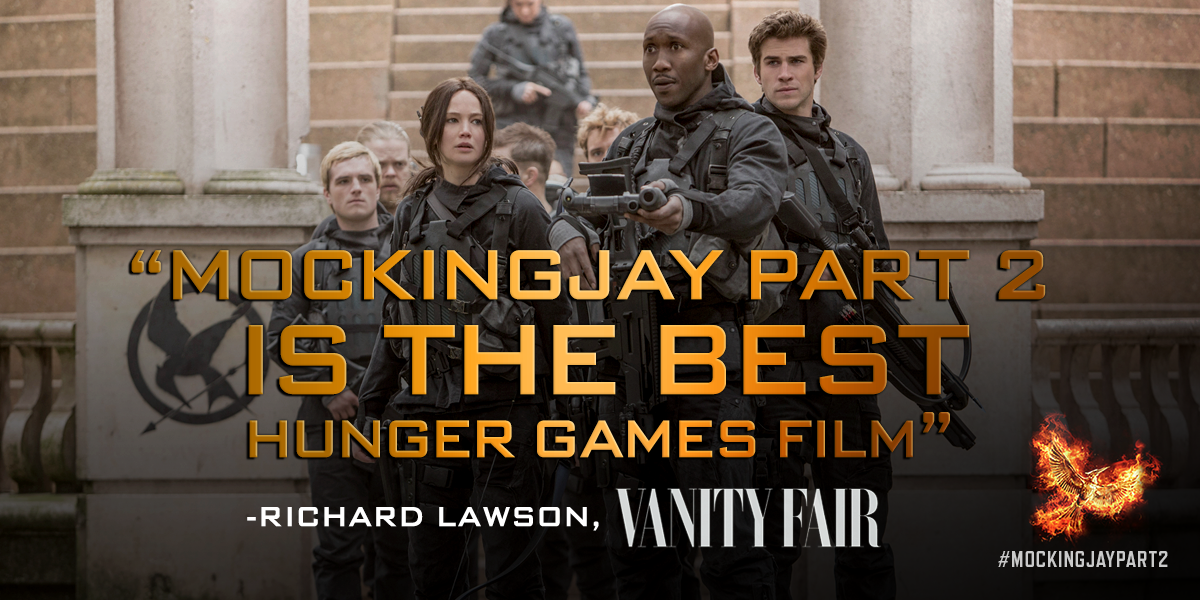 TheHungerGames's tweet image. Critics are raving - See the "best Hunger Games film"! #MockingjayPart2 is NOW PLAYING: hungrgam.es/mockingjaytix