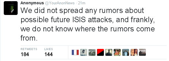 RT_com's tweet photo. UPDATE: Anonymous denies finding/releasing details on any possible #ISIS attacks https://t.co/0KUnsexO7H https://t.co/futiYTdLFq