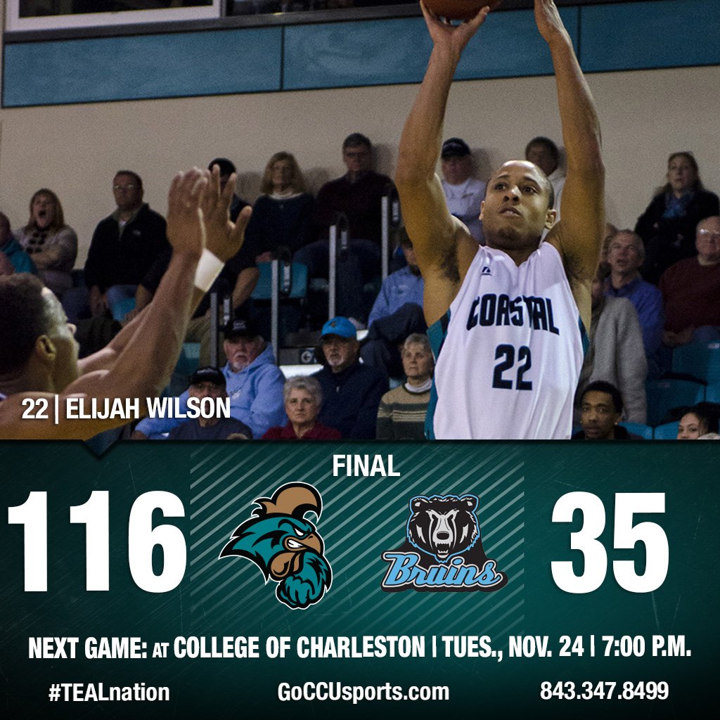 GoCCUsports's tweet photo. .@CCUMENHOOPS: FINAL. Coastal Carolina 116, Piedmont Int'l 35. Wilson lead all scorers with 25. https://t.co/NsJNIDg4v8