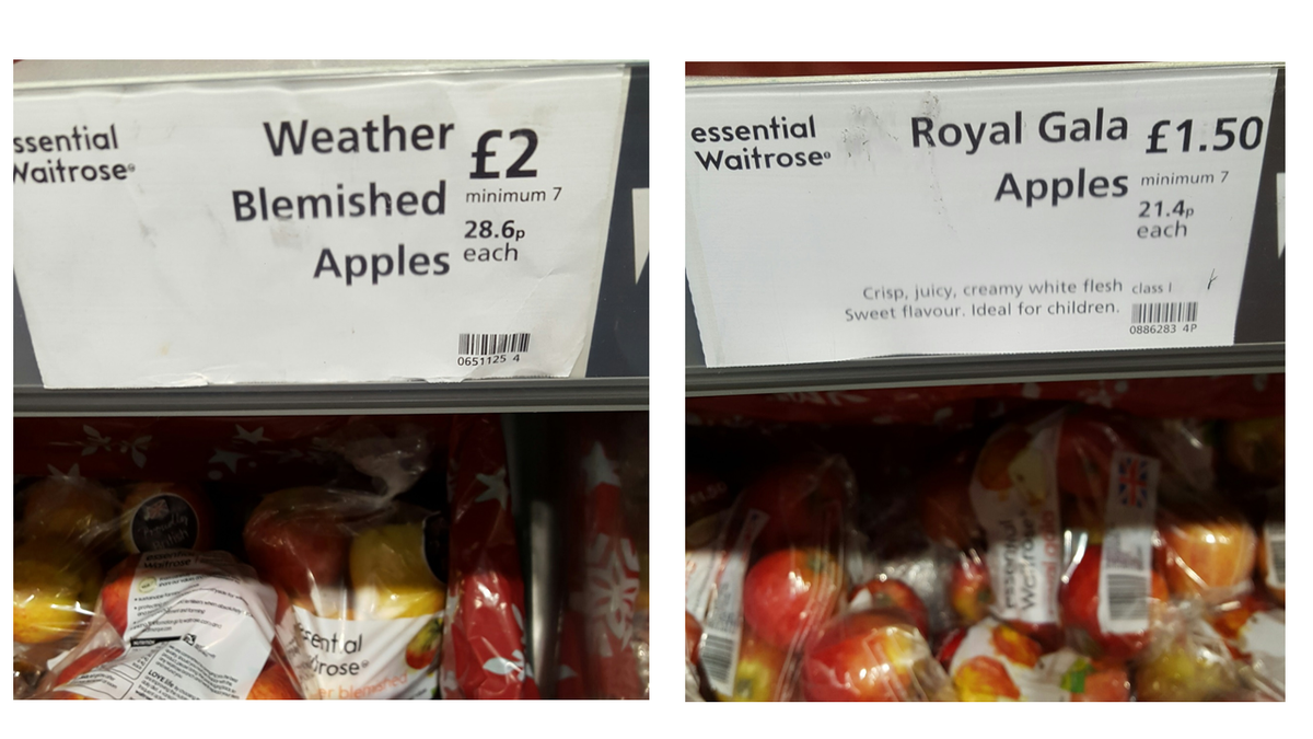 myoungman's tweet photo. @HughsWaronWaste #wastnot so successful @waitrose charge 50p EXTRA for blemishes on gala apples #onlyatWaitrose https://t.co/FhOdNHfNZT