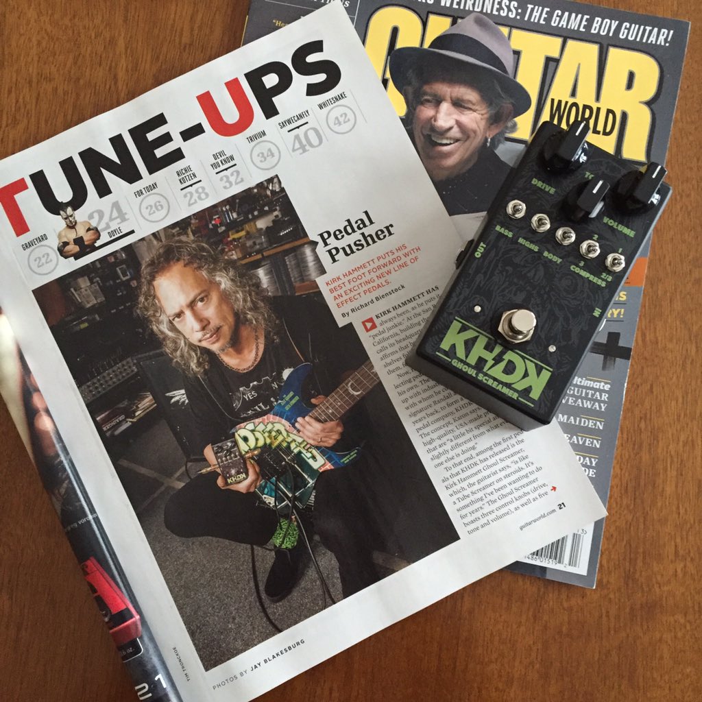 KirkHammett's tweet photo. Doing some light reading. Pick up the new @GuitarWorld to see the cool stuff we're doing at @KHDKElectronics 🤘🏼 https://t.co/5dIyGvqDcu