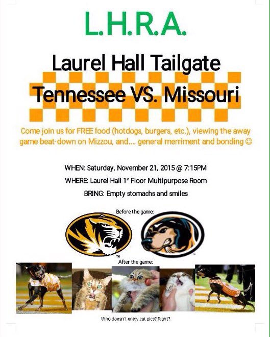 LHRAVols's tweet photo. Don't forget to come to the multipurpose room tonight at 7:15 for our Missouri Tailgate! There will be free food! 😁 https://t.co/JylCvYn7MK